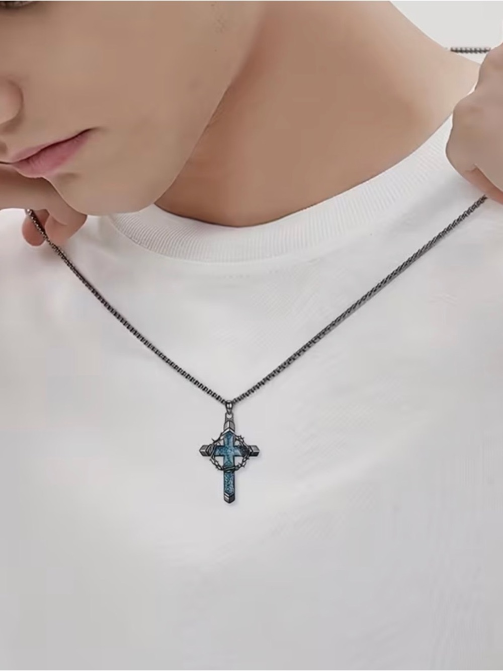 Blue Cross Pendant Necklace in Gun Black Chain - Unisex Jewelry